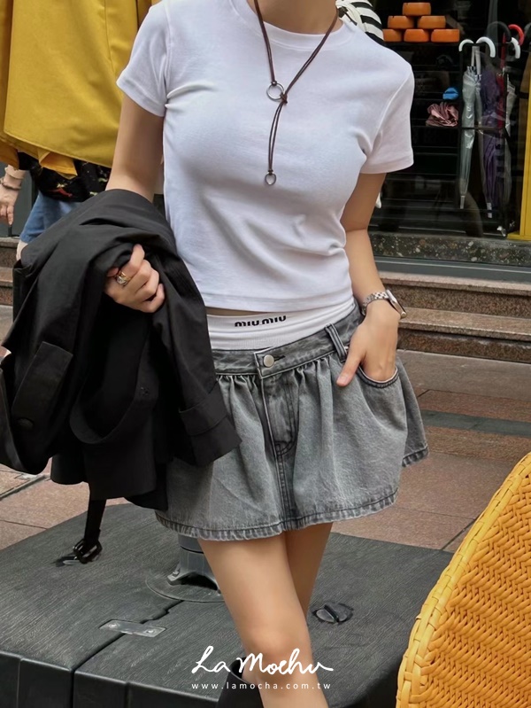中低腰後口袋牛仔澎裙